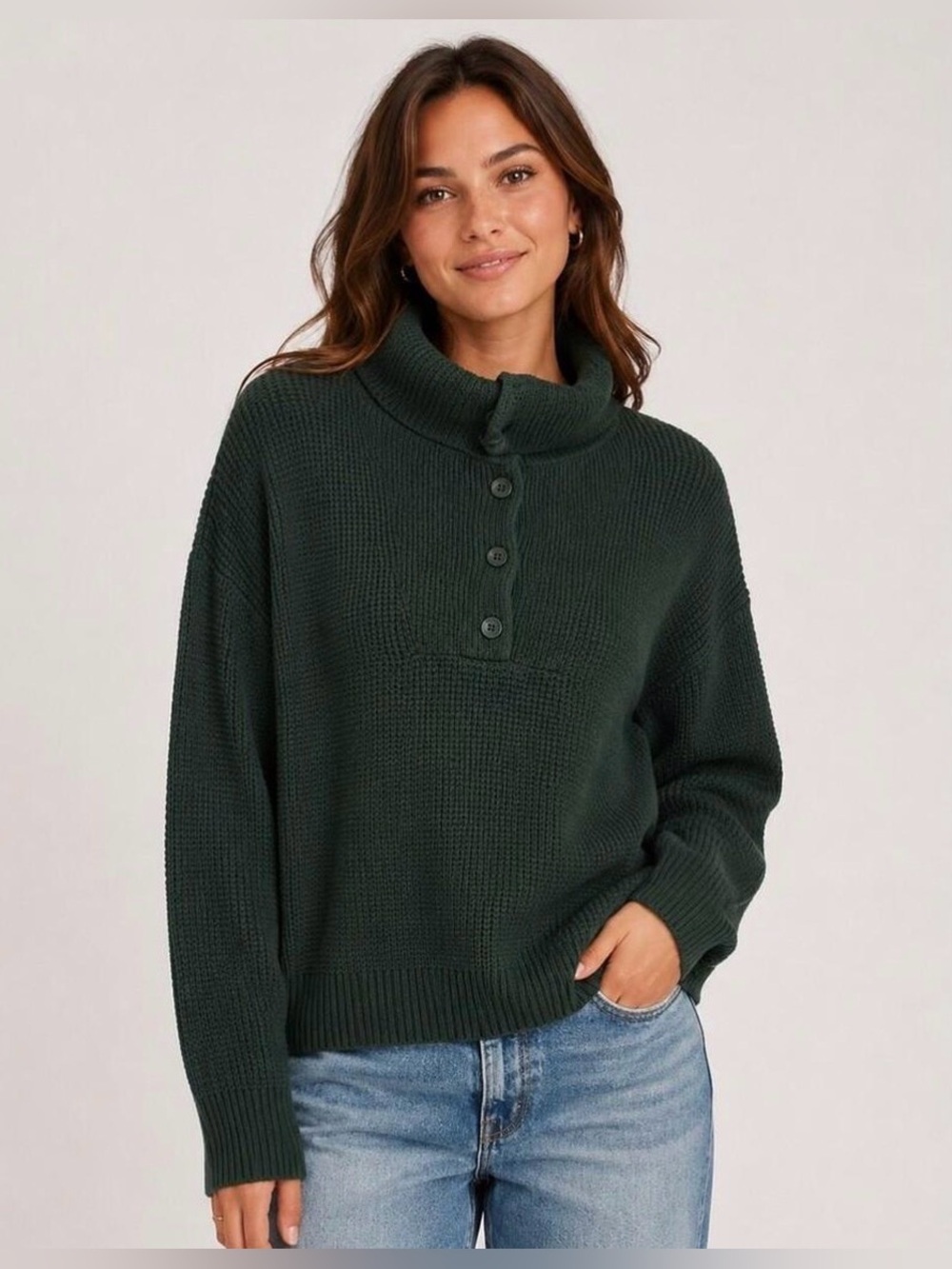 aerie Cozy Up Waffle Button Dark Green Sweater Oversized Cabincore Sz XS Fall